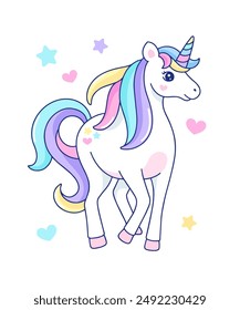 Lindo personaje de dibujos animados feliz unicornio mágico