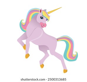 Lindo personaje de dibujos animados feliz unicornio mágico con melena de arco iris y cola. Ilustración vectorial aislada en un fondo blanco. Para la impresión, diseño, cartel, etiqueta engomada, tarjeta, decoración, ropa de los niños.