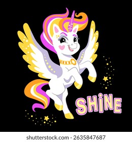 Cute cartoon character happy magic unicorn and lettering Shine. Vector illustration isolated on a black background. For print, t shirt design, sticker, poster, cards, decoration, kids clothes