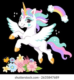 Cute cartoon character happy magic unicorn with wings, rainbow and flowers Vector illustration isolated on a white background. For print, design, poster, sticker, card, decoration, kids clothes