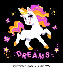 Cute cartoon character happy magic unicorn and lettering Dreams. Vector illustration isolated on a black background. For print, t shirt design, sticker, poster, cards, decoration, kids clothes