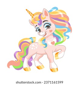 Cute cartoon character happy pink unicorn with rainbow mane and tail. Vector illustration isolated on a white background. Magic unicorn. For print, design, poster, sticker, card, kids clothes, decor