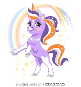 Cute cartoon character happy purple unicorn with a rainbow. Vector illustration isolated on a white background. Happy magic unicorn. For print, design, poster, sticker, card, decoration,t shirt