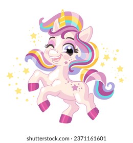 Un personaje de caricatura lindo, feliz bebé unicornio morado. Ilustración vectorial aislada en un fondo blanco. El unicornio mágico. Para impresión, diseño, afiche, pegatina, tarjeta, decoración, ropa infantil