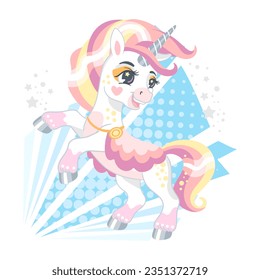 Cute cartoon character happy romantic unicorn with rainbow mane. Vector illustration isolated on a white background. Happy magic unicorn. For print, design, poster, sticker, card, decoration,t shirt