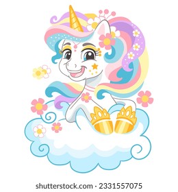 Cute cartoon character happy unicorn with rainbow mane on a cloud. Vector illustration isolated on a white background. Happy magic unicorn. For print, design, poster, sticker, card, decoration,t shirt