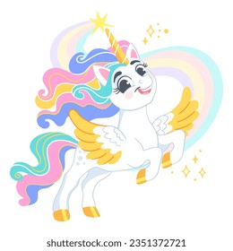 Cute cartoon character happy unicorn with wings and rainbow mane. Vector illustration isolated on a white background. Happy magic unicorn. For print, design, poster, sticker, card, decoration,t shirt