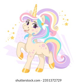 Cute cartoon character happy unicorn with a rainbow mane. Vector illustration isolated on a white background. Happy magic unicorn. For print, design, poster, sticker, card, decoration,t shirt