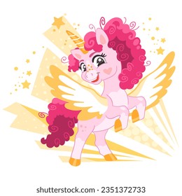 Cute cartoon character happy unicorn with pink mane and wings. Vector illustration isolated on a white background. Happy magic unicorn. For print, design, poster, sticker, card, decoration,t shirt