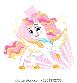 Personaje de dibujos animados alegres con unicornio rosa y amarillo. Ilustración vectorial aislada en un fondo blanco. Feliz unicornio mágico. Para impresión, diseño, afiche, pegatina, tarjeta, decoración, camiseta