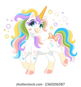 Cute cartoon character happy unicorn with bubbles. Vector illustration isolated on a white background. Happy magic unicorn. For print, design, poster, sticker, card, decoration, t shirt, kids clothes