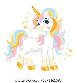 Cute cartoon character happy unicorn with rainbow mane and tail. Vector illustration isolated on a white background. Magic unicorn. For print, design, poster, sticker, card, decoration, kids clothes