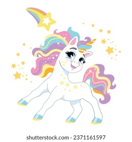 Cute cartoon character happy unicorn with rainbow mane and tail. Vector illustration isolated on a white background. Magic unicorn. For print, design, poster, sticker, card, decoration, kids clothes