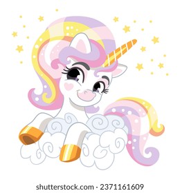 Cute cartoon character happy unicorn in a foam. Vector illustration isolated on a white background. Magic unicorn. For print, design, poster, sticker, card, decoration, kids clothes