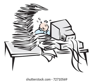 cute cartoon character hard working at the computer