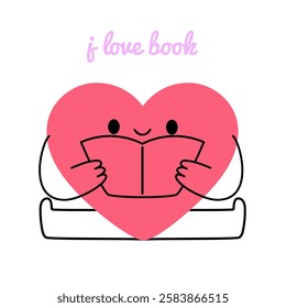 Cute cartoon character heart reading book in doodle style. Hand-drawn flat happy mascot study story book. Education, learning, creativity, self care, hobby concept. Isolated vector art