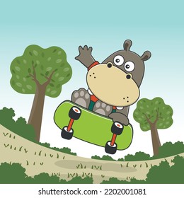 Cute cartoon character hippo skater. Vector print with cute hippo on a skateboard. Can be used for t-shirt print, kids wear fashion design, fabric textile, nursery wallpaper and other decoration.