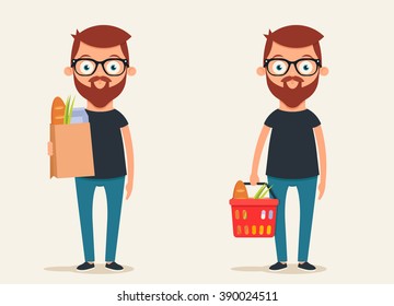 Cute Cartoon Character Holding Packet and Basket with Food. Vector Set