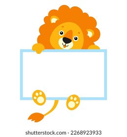 Cute cartoon character holding white blank poster. With place for text. Vector illustration.