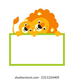 Cute cartoon character holding white blank poster. With place for text. .