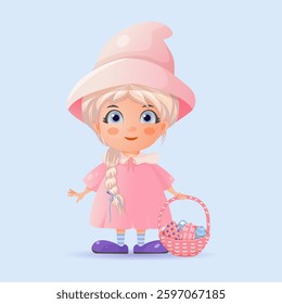 Cute cartoon character holds a basket of Easter eggs. Easter Egg hunt design for children. A girl in a pink dress and hat. An Easter element for greeting cards, posters, banners. Isolated background