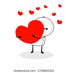 Personagem de desenho animado bonito abraçando um grande coração, mostrando amor e cuidado, ilustração de cartão simbolizando afeto e bondade, design plano isolado no fundo branco