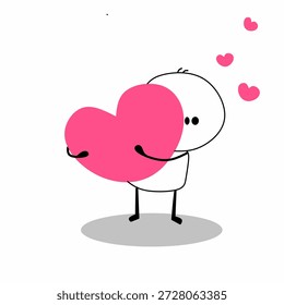 Personagem de desenho animado bonito abraçando um grande coração, mostrando amor e cuidado, ilustração de cartão simbolizando afeto e bondade, design plano isolado no fundo branco