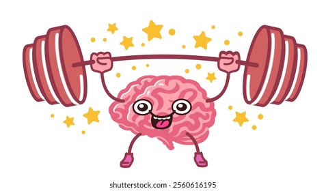 Cute cartoon character human brain lifts heavy barbell weights. Funny vector illustration