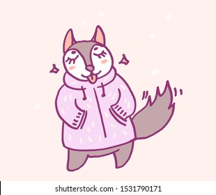 Cute cartoon character husky in warm winter clothes, funny vector illustration. Tee card print graphic art.