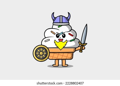 Cute cartoon character Ice cream viking pirate with hat and holding sword and shield illustration