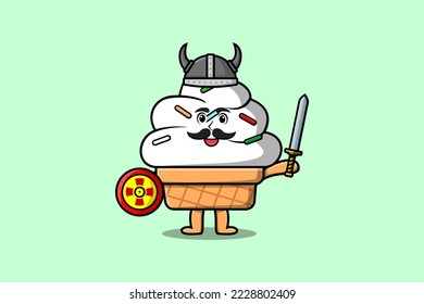 Cute cartoon character Ice cream viking pirate with hat and holding hammer and shield