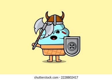 Cute cartoon character Ice cream viking pirate with hat and holding ax and shield