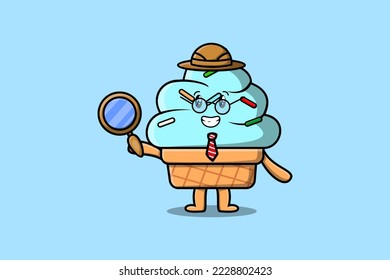 El personaje de dibujos animados Ice crema detective está buscando con lupa