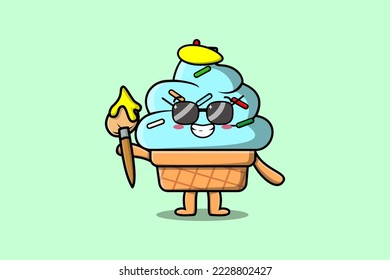 Cute cartoon character Ice cream painter portraitist with hat and a brush to draw in cute design