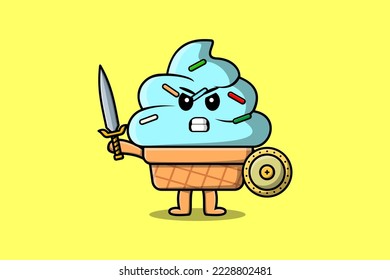 Cute cartoon character Ice cream holding sword and shield in modern style design