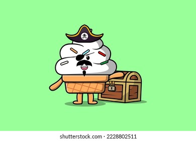 Cute cartoon character Ice cream pirate with treasure box illustration in modern style design