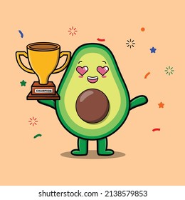 Cute Cartoon character illustration of avocado is holding up the golden trophy