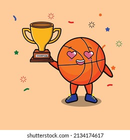 Cute Cartoon character illustration of basketball is holding up the golden trophy