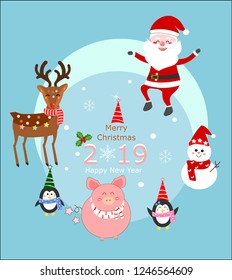cute cartoon character illustration for Christmas and new year celebration,Santa Claus,Deer,Pig,Penguin,Snowman.