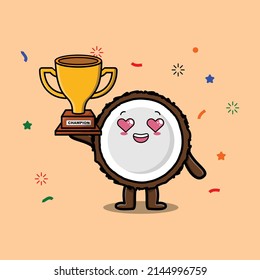 Cute Cartoon character illustration of Coconut is holding up the golden trophy with happy gesture