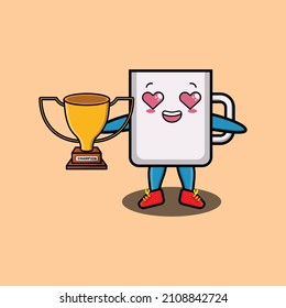 Cute Cartoon character illustration of coffee tea cup is holding up the golden trophy with happy gesture, cute modern style design for t-shirt, sticker, logo element