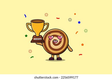 Cute Cartoon character illustration of Cookies is holding up the golden trophy in illustration