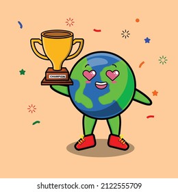 Cute Cartoon character illustration of earth is holding up the golden trophy with happy gesture