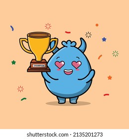 Cute Cartoon character illustration of goblin monster is holding up the golden trophy