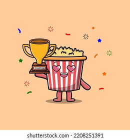 Cute Cartoon character illustration of Popcorn is holding up the golden trophy in illustration