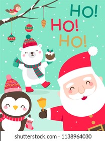 Cute cartoon character illustration with snow scene for christmas and new year card design