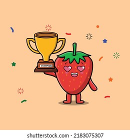 Cute Cartoon character illustration of strawberry is holding up the golden trophy with happy gesture