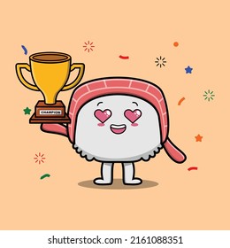 Cute Cartoon character illustration of sushi is holding up the golden trophy with happy gesture