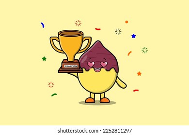 Cute Cartoon character illustration of Sweet potato is holding up the golden trophy in illustration