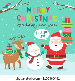 Cute cartoon character illustration and typography design for christmas and new year card design